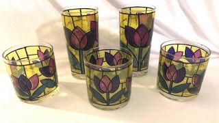 5 Vintage Tiffany Style Stained Art Glass (3) Rocks & (2) High Ball Glasses