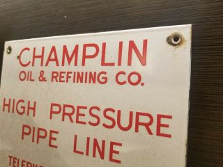 Champlin Oil & Refining Co Porcelain Sign High Pressure Pipe Line Enid.  Oklahoma 4