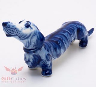 Gzhel Porcelain Dachshund Dog Figurine Handmade Symbol Of 2018 Year