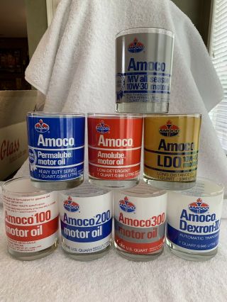 8 Vintage Amoco 1 Qt Oil Can Advertising Drinking Glasses 4 " X 3 - 1/4 " 12oz