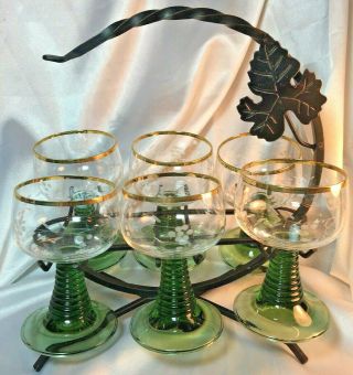 German Roemer Cordial Wine Glasses With Metal Rack Etched Grapes Green Stem - 6