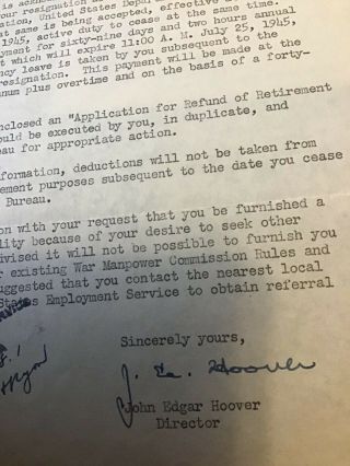 1945 J EDGAR HOOVER Autographed pay letter correspondence FBI director 5