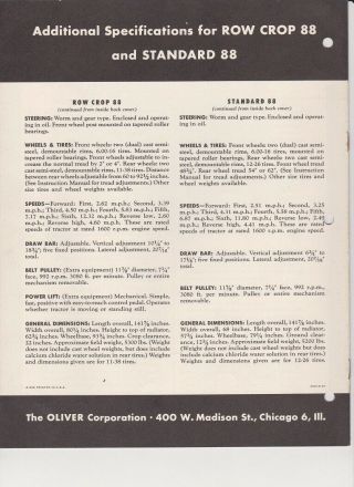 Oliver 88 row crop and standard tractor sales brochure from 1947,  Streamline 4