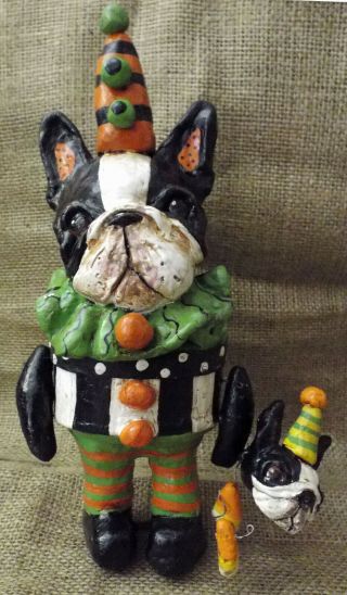 Folk Art Boston Terrier Dog Halloween Clown Candy Container Doll Dog Art