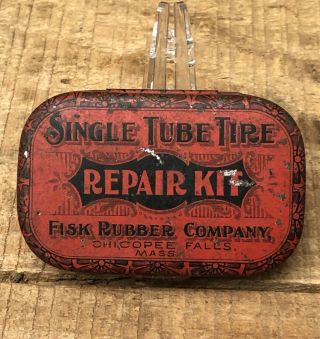 Rare Antique Fisk Rubber Co.  Single Tube Tire Repair Kit Tin Car Auto Sign