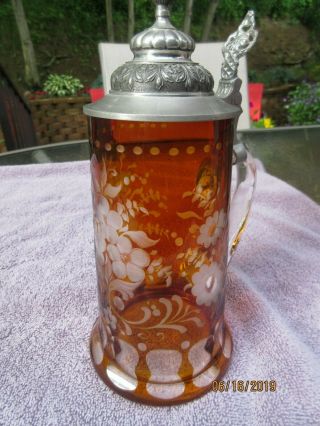 Bohemian Glass Beer Stein; Lidded,  Amber Glass Cut - To - Clear.