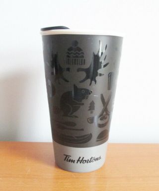 Tim Hortons Eh Ceramic Travel Mug 2018 Black Grey Canada Symbols Beaver Hockey