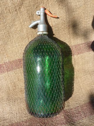 Vintage Soda Siphon Bottle With Wire Mesh Metal Around Glass