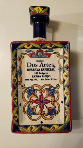 Dos Artes Anejo Tequila Pottery Hand Crafted And Painted 1lit.  Empty Bottle