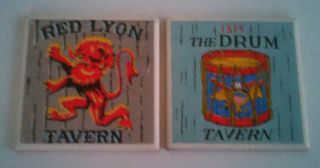 Vintage Collectible Set Of 2 Coasters 1815 The Drum & Red Lyon Tavern 1990 
