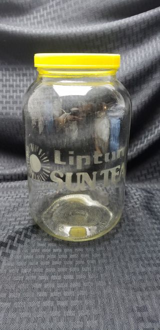 Vintage Lipton Sun Tea Gallon Jar Jug Glass Yellow Lid