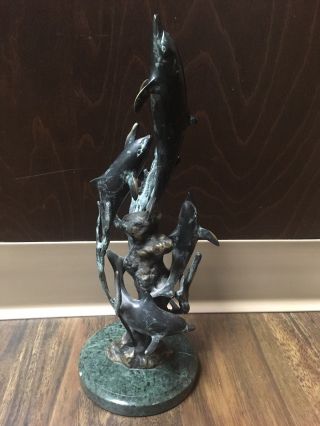 Vintage Rare Spi Brass Marble Dolphin Statue San Pacific Art Pod Sculpture 14”
