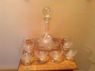 Vinrage Tall Ship Schooner Etched Decanter And 6 Matching Glasses