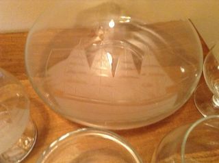 Vinrage Tall Ship Schooner Etched Decanter And 6 Matching Glasses 2