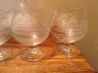 Vinrage Tall Ship Schooner Etched Decanter And 6 Matching Glasses 5