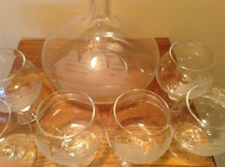 Vinrage Tall Ship Schooner Etched Decanter And 6 Matching Glasses 7