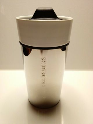 Starbucks 2014 High - Polished Stainless Steel White Ceramic Mug Cup Tumbler 12 Oz