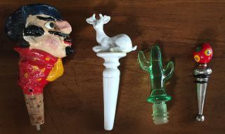 4 Vintage Wine Bottle Stoppers Man In Hat,  White Deer,  Cactus & Murano Red Ball