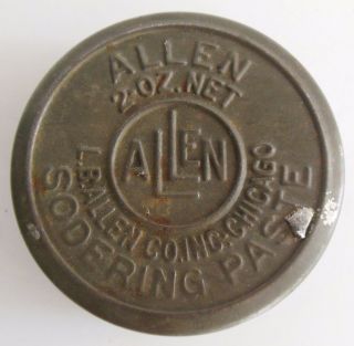 Antque Vintage Allen Soldering Paste Tin L B Allen Co Chicago Embossed