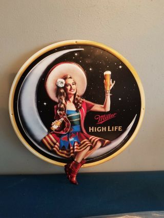 (l@@k) Miller High Life Beer Girl On The Moon With Bottle Tin Back Bar Sign