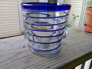 Vintage Hand Blown Murano Art Glass Blue/ Clear Ice Bucket 6 "