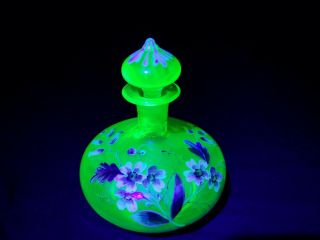 Uranium Vaseline Glass Perfume Bottle - Hand Blown - Hand Painted - Vintage