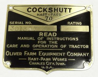 Cockshutt Oliver Hart Parr 70 Brass Serial No.  Plate Antique Tractor