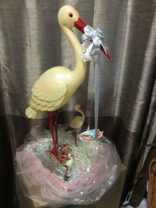 Vtg Rare Large Hard Plastic Blowmold Stork Crane Baby Diaper Store Display Bird
