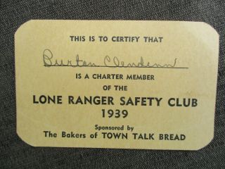 Vintage 1939 Lone Ranger Safety Club Membership Card By Town Talk Bread
