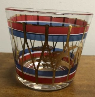 Vintage Heavy Glass Red,  White,  Blue With Gold Eagle Ice Bucket
