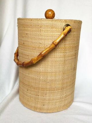 Vtg Mid - Century Modern Tiki 1960s 70s Ice Bucket With Bamboo Handles