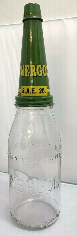 Old Style - 1 Quart Glass Energol S.  A.  E 20.  Oil Bottle,  Metal Pourer & Cap.