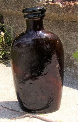 Antique Amber Glass Civil War Era Whiskey Hip Flask Bottle Applied Lip Whittled