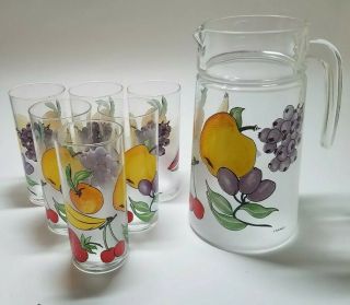 Vintage Glass Pitcher And Matching Tumblers Fruit Themed France Perfect Juice