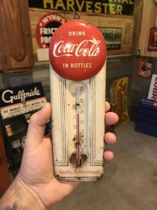 1950’s Drink Coca - Cola Button Thermometer Sign Rare Soda Signs Advertising