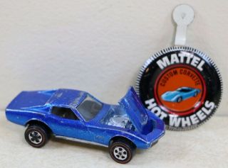 Vintage Mattel Redline Hot Wheels 1968 Blue Custom Corvette W/ Pin Button