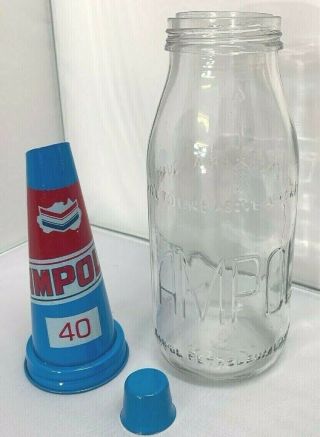 Old Style - 1 Quart Glass Ampol 40.  Oil Bottle,  Metal Pourer & Cap. 2
