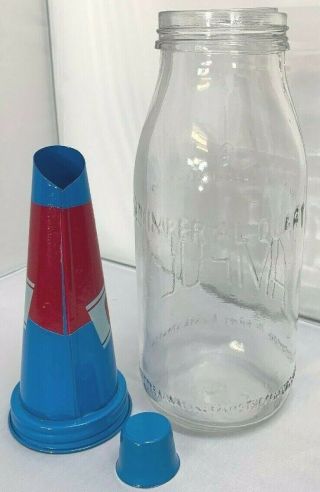 Old Style - 1 Quart Glass Ampol 40.  Oil Bottle,  Metal Pourer & Cap. 3