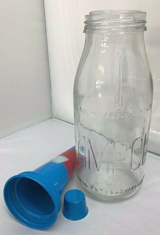 Old Style - 1 Quart Glass Ampol 40.  Oil Bottle,  Metal Pourer & Cap. 4