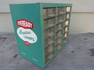 Vintage Eveready Miniature Lamps Light Bulb Display Metal Cabinet 18 Drawers