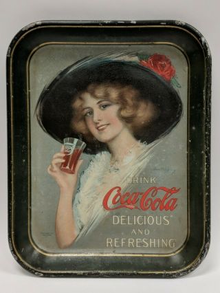 Antique 1912 Coca Cola Tray Woman With Glass By Hamilton King Passaic Metal Co.