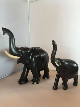 Vintage Hand Carved Ebony Wood Elephant Figure W/tusks And Inlaid Toenails