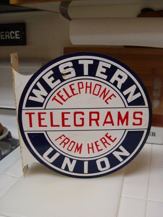 Western Union Telephone Telegrams From Here 2 Sided Advertising Flange Sign