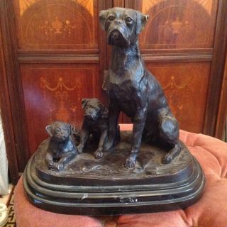 Fine & Large Vintage Bronze Figure Of Bullmastif Dog & Puppies By Barye