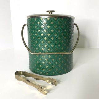 Vintage Mid - Century Modern Ice Bucket Green Fleur De Lis Brass Lid Handle Tongs