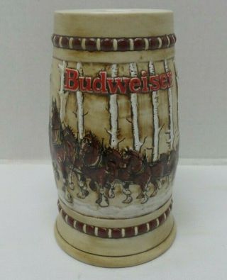 Vintage 1981 Budweiser Holiday Beer Stein Snowy Birch Trees Clydesdales Wagon
