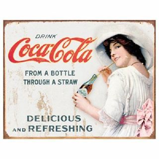 Coca Cola Coke Thru A Straw Girl Vintage Advertising Retro Metal Tin Sign