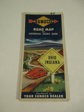 Vintage Sunoco Ohio Indiana State Highway Oil Gas Station Travel Road Map - K2