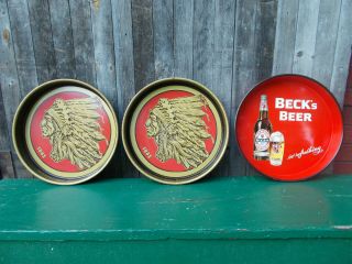 3 Vintage Metal Beer Trays 2 Iroquois Indian Head Buffalo,  N.  Y.  And 1 Becks Beer