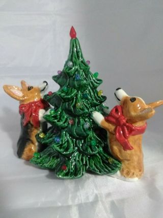 Two Pembroke Welsh Corgi Dogs On Christmas Tree Sculpture Lighted Ooak